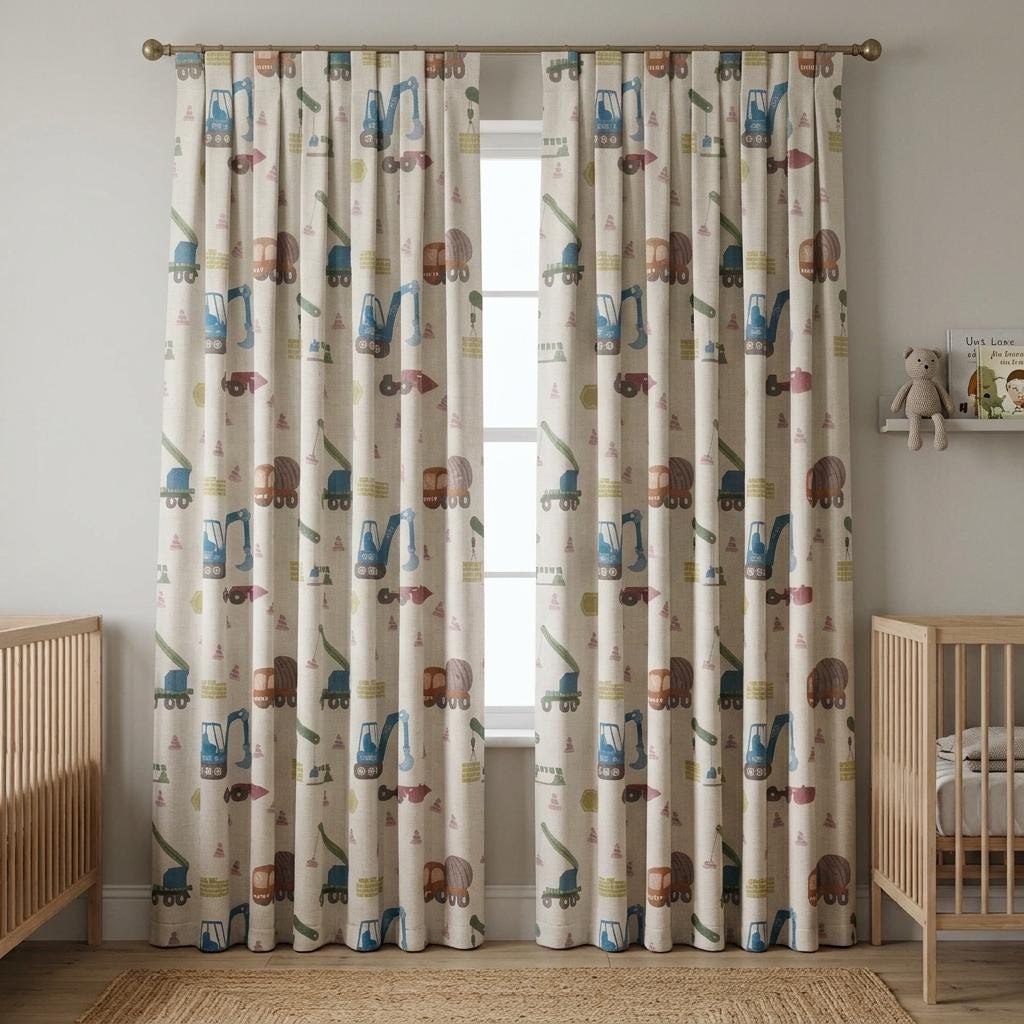 Construction Linen Nursery Curtains, Soft White Excavator Crane Truck Print Kids Room Drapes, Custom Blackout Panels — image 7