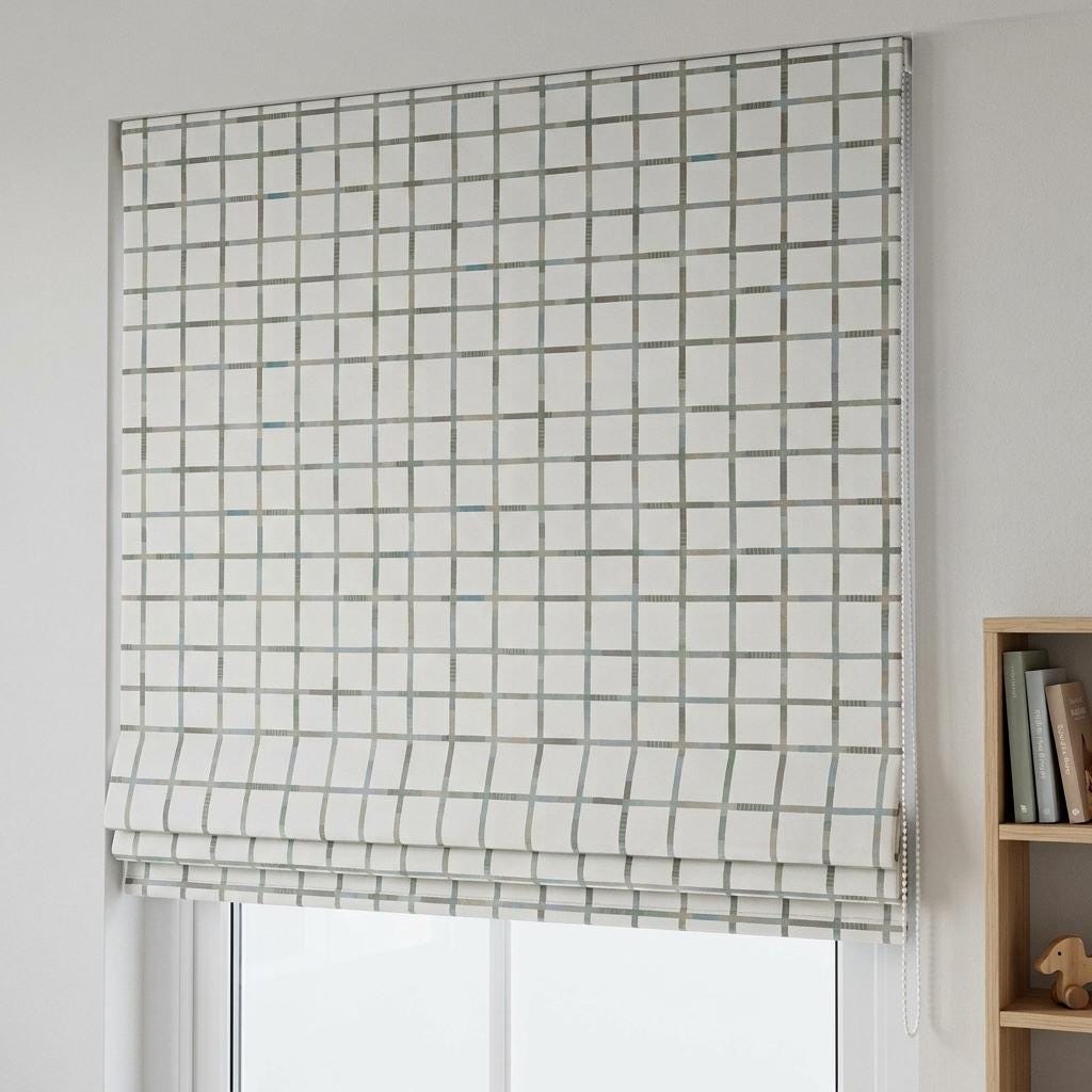 Soft White Plaid Velvet Roman Shade, Pastel Mint Blue Taupe Checkered Nursery Blind, Custom Kids Blackout Window Shade — image 10