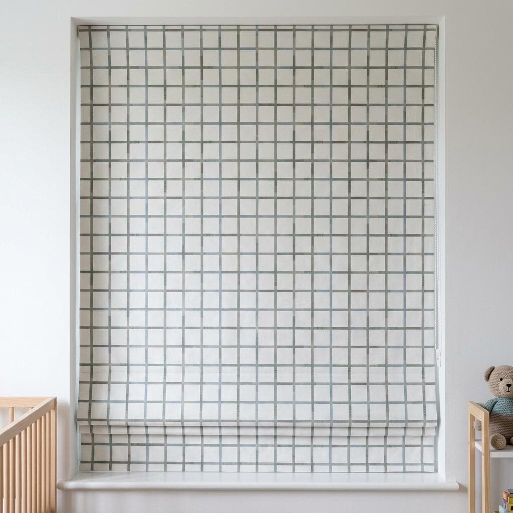 Soft White Plaid Velvet Roman Shade, Pastel Mint Blue Taupe Checkered Nursery Blind, Custom Kids Blackout Window Shade — image 3