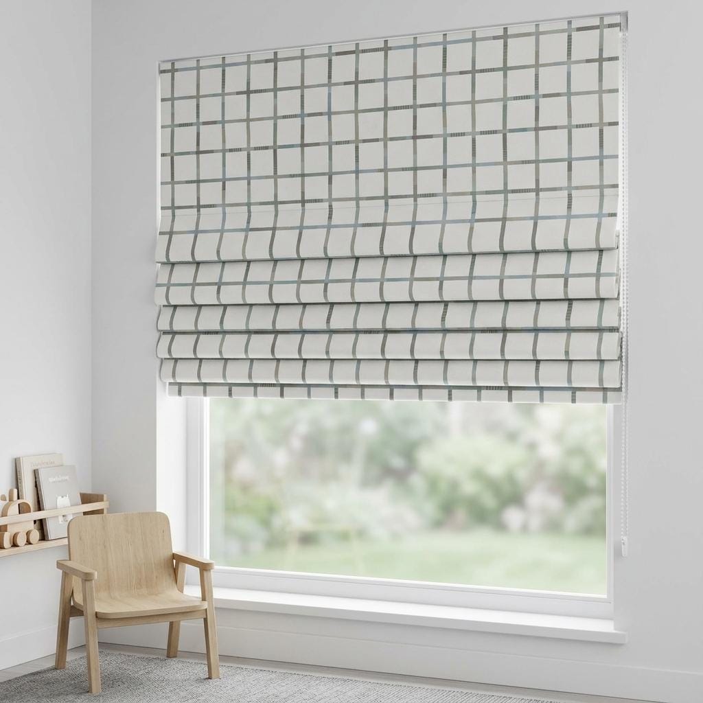Soft White Plaid Velvet Roman Shade, Pastel Mint Blue Taupe Checkered Nursery Blind, Custom Kids Blackout Window Shade — image 9