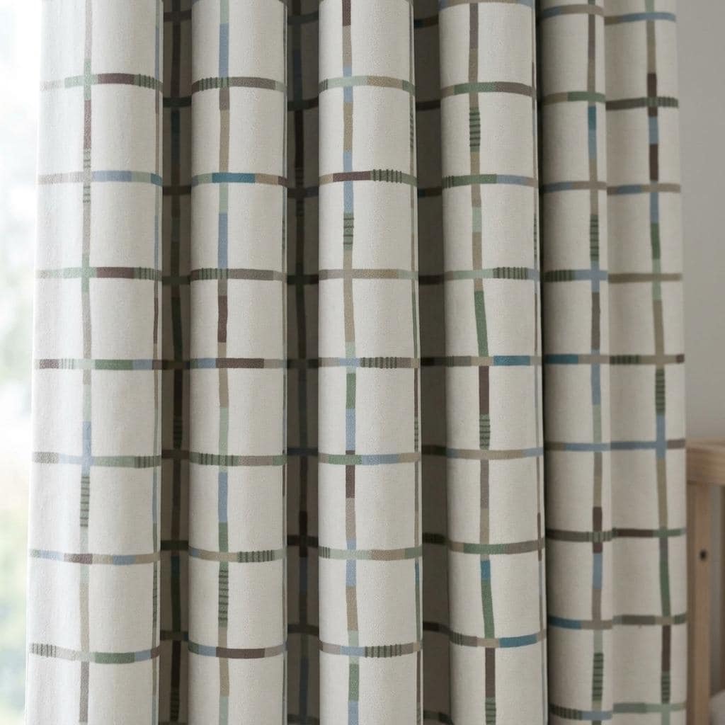 Ivory Matte Velvet Nursery Curtains, Blue & Sage Windowpane Plaid, Custom Size, Optional Blackout Lining — image 3