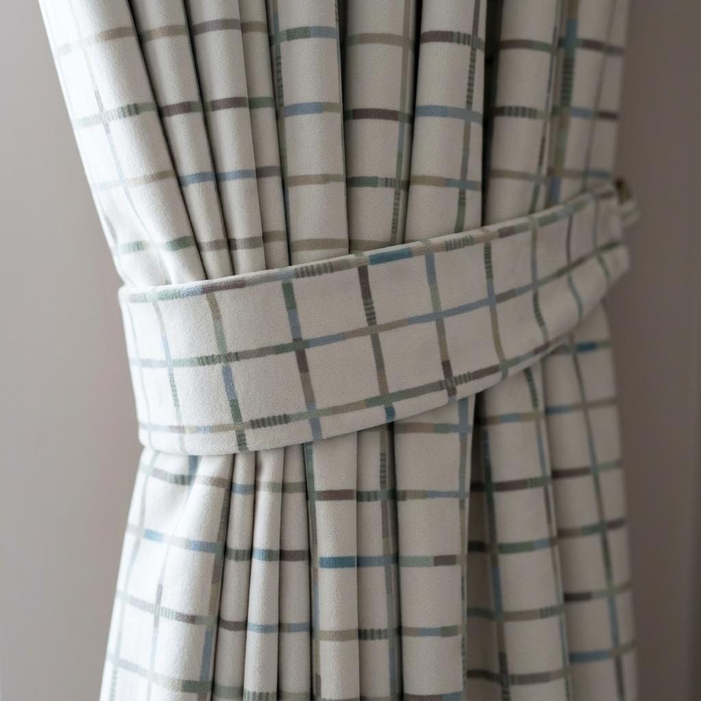 Ivory Matte Velvet Nursery Curtains, Blue & Sage Windowpane Plaid, Custom Size, Optional Blackout Lining — image 1