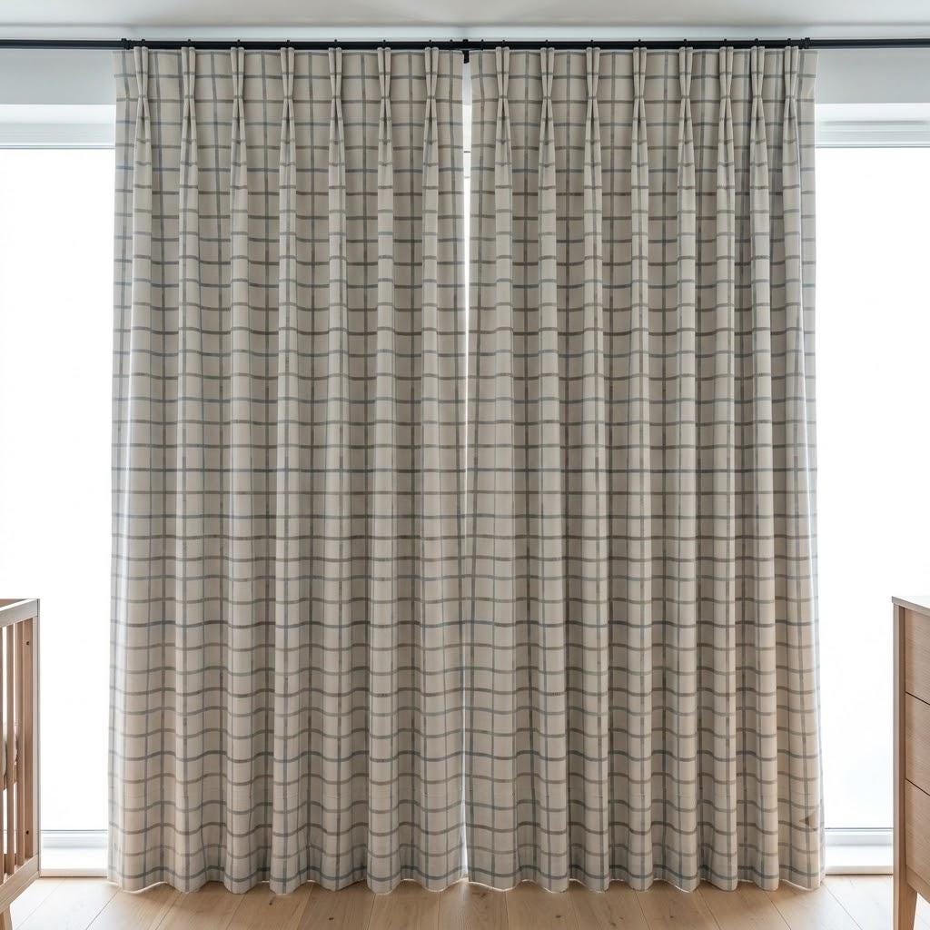 Ivory Matte Velvet Nursery Curtains, Blue & Sage Windowpane Plaid, Custom Size, Optional Blackout Lining — image 9