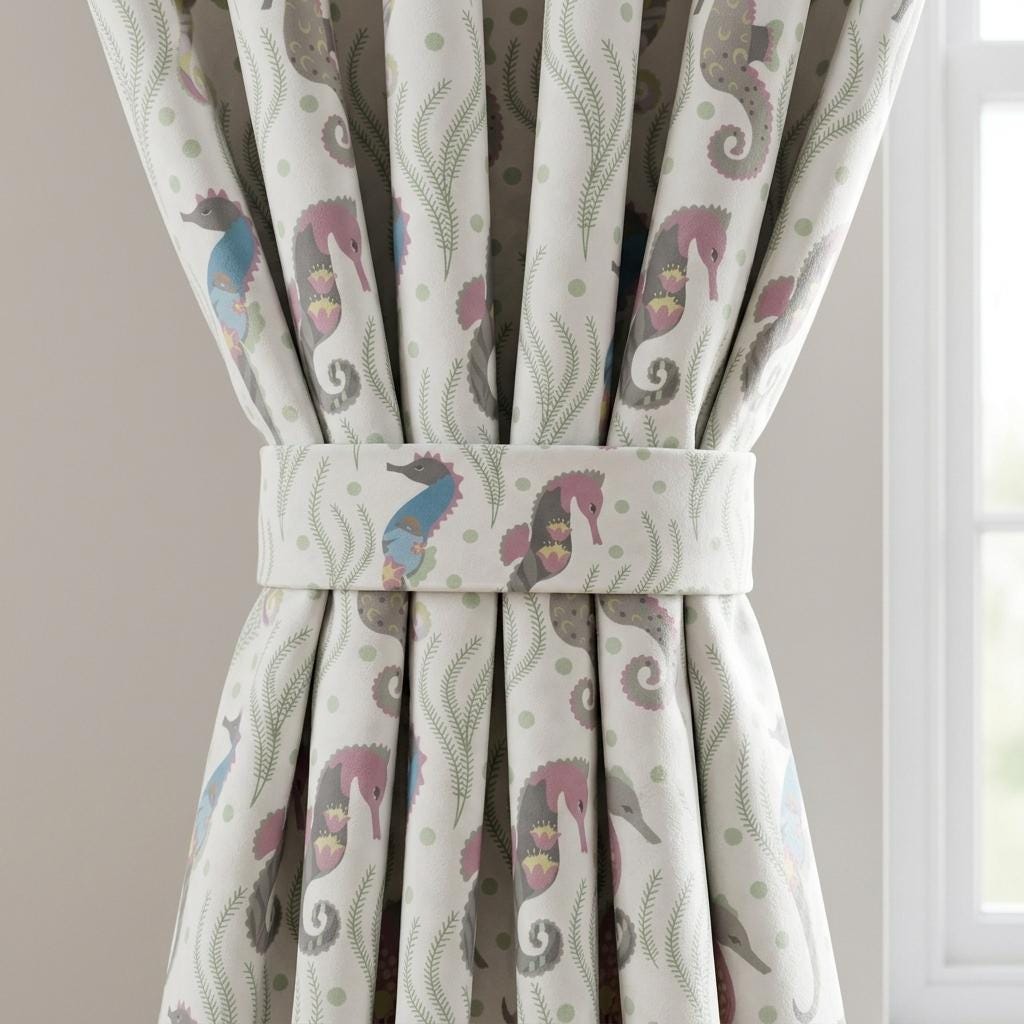 Seahorse Velvet Nursery Curtains, Soft White Pink Blue Ocean Kids Drapes, Custom Blackout Panels — image 1