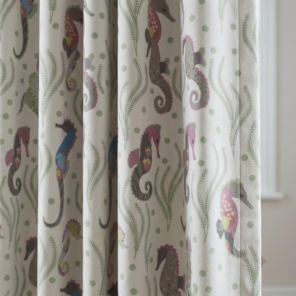 Seahorse Velvet Nursery Curtains, Soft White Pink Blue Ocean Kids Drapes, Custom Blackout Panels — image 1