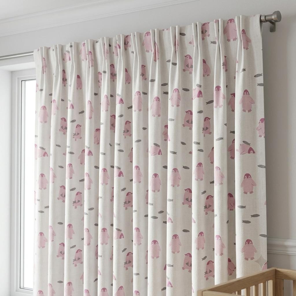 Pink Penguin Linen Nursery Curtains, Pale Blue White Fish Print Kids Room Drapes, Custom Blackout Panels — image 6