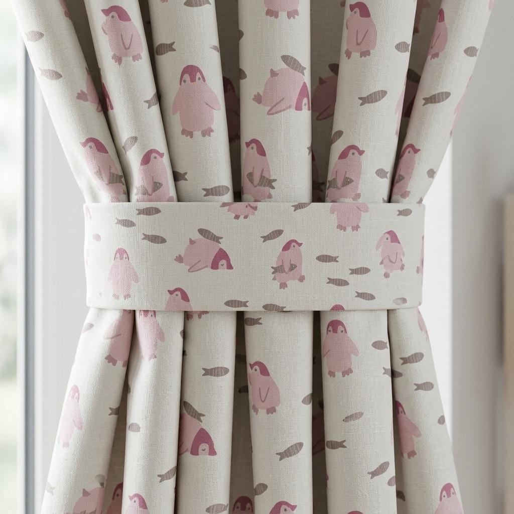Pink Penguin Linen Nursery Curtains, Pale Blue White Fish Print Kids Room Drapes, Custom Blackout Panels — image 2