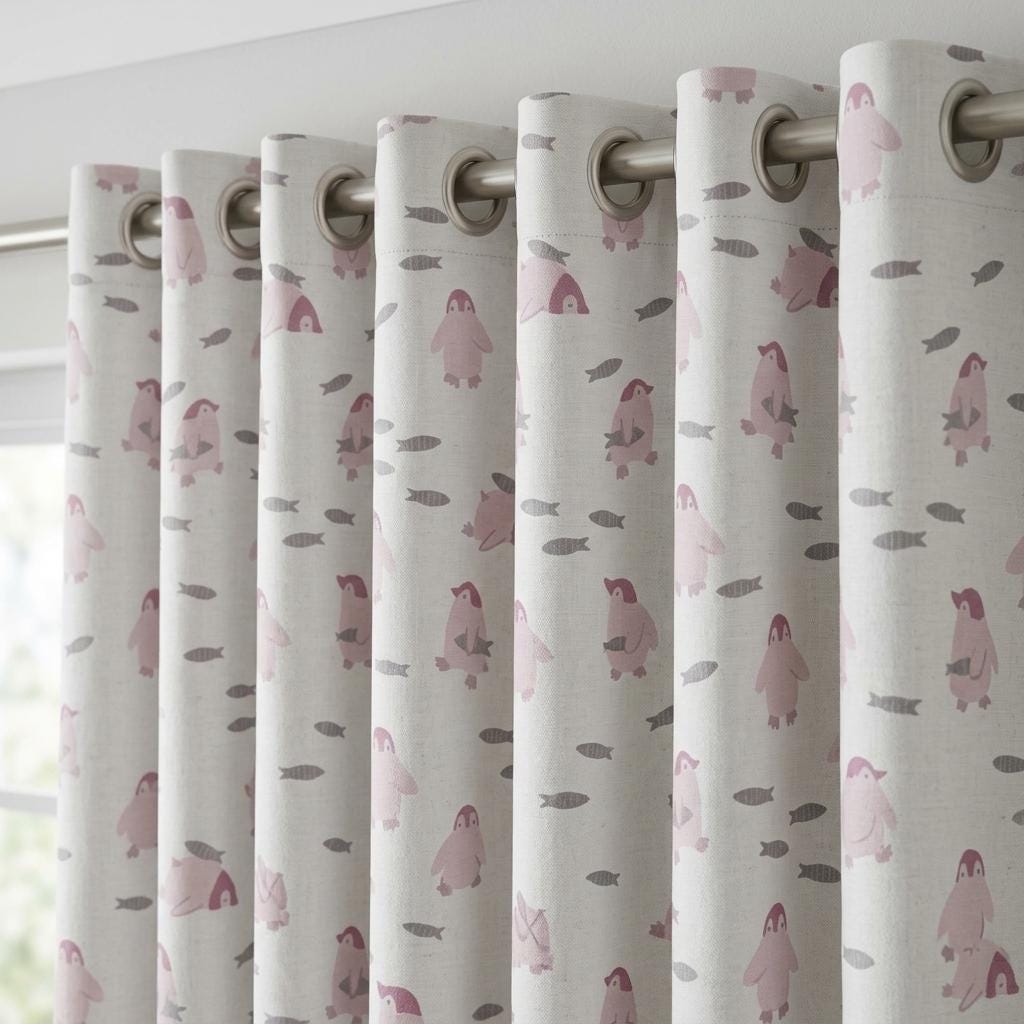 Pink Penguin Linen Nursery Curtains, Pale Blue White Fish Print Kids Room Drapes, Custom Blackout Panels — image 9