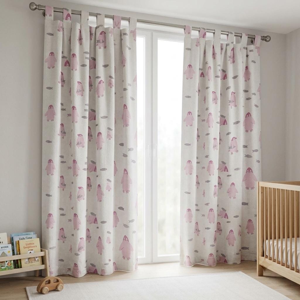 Pink Penguin Linen Nursery Curtains, Pale Blue White Fish Print Kids Room Drapes, Custom Blackout Panels — image 5