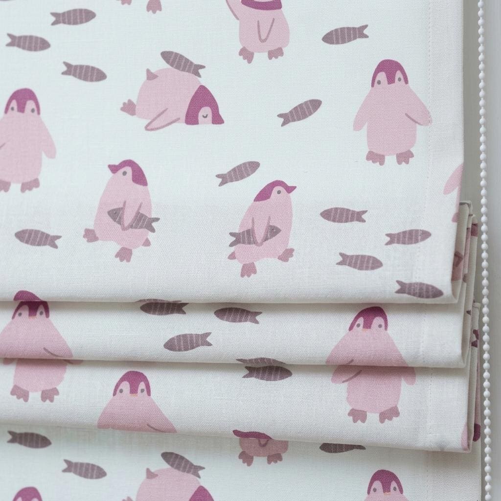 Pale Seafoam Linen Roman Shade, Pink Penguin & Gray Fish Nursery Blind, Custom Blackout or Light Filtering — image 1