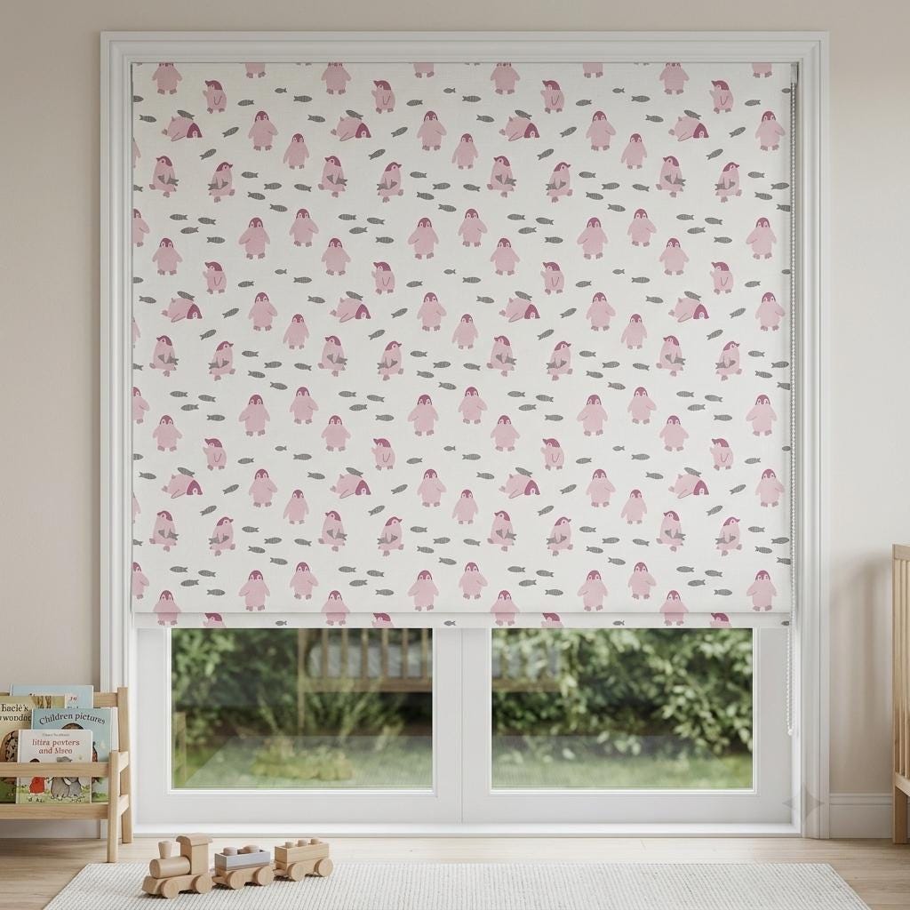 Pale Seafoam Linen Roman Shade, Pink Penguin & Gray Fish Nursery Blind, Custom Blackout or Light Filtering — image 4