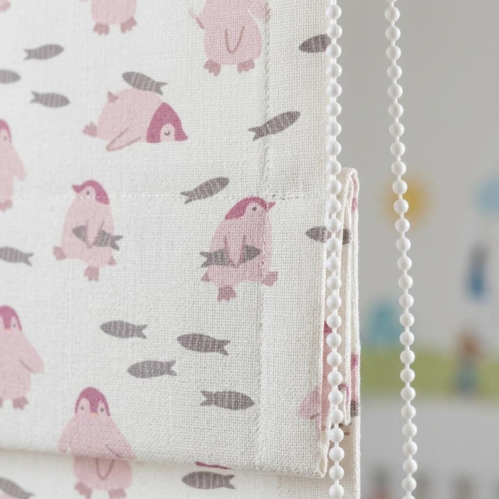 Pale Seafoam Linen Roman Shade, Pink Penguin & Gray Fish Nursery Blind, Custom Blackout or Light Filtering — image 5