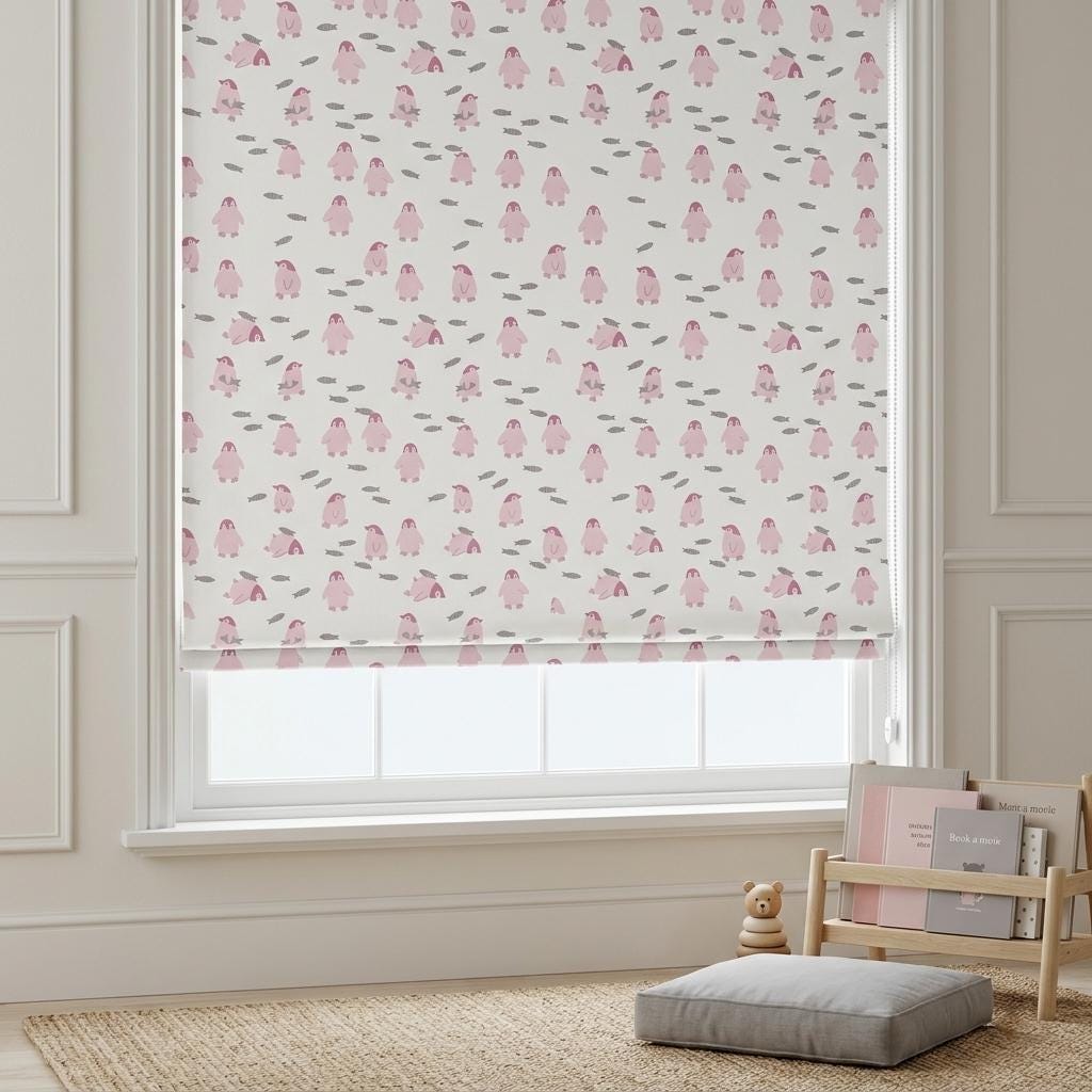 Pale Seafoam Linen Roman Shade, Pink Penguin & Gray Fish Nursery Blind, Custom Blackout or Light Filtering — image 9