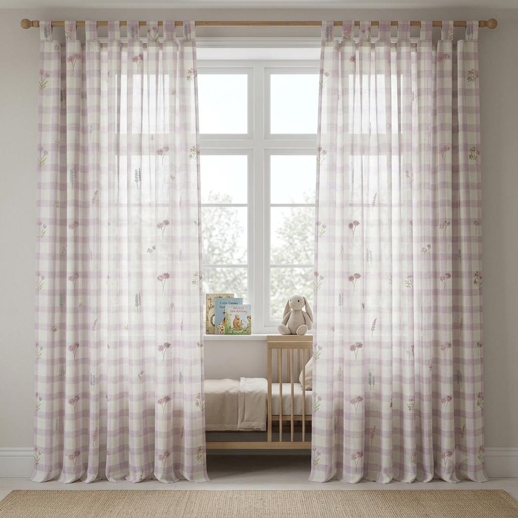 White Blush Lilac Plaid Pure Linen Sheer Curtains, Embroidered Wildflower Drapes, Custom Light Filtering Panels — image 6