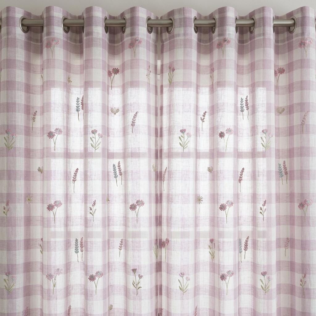 White Blush Lilac Plaid Pure Linen Sheer Curtains, Embroidered Wildflower Drapes, Custom Light Filtering Panels — image 7