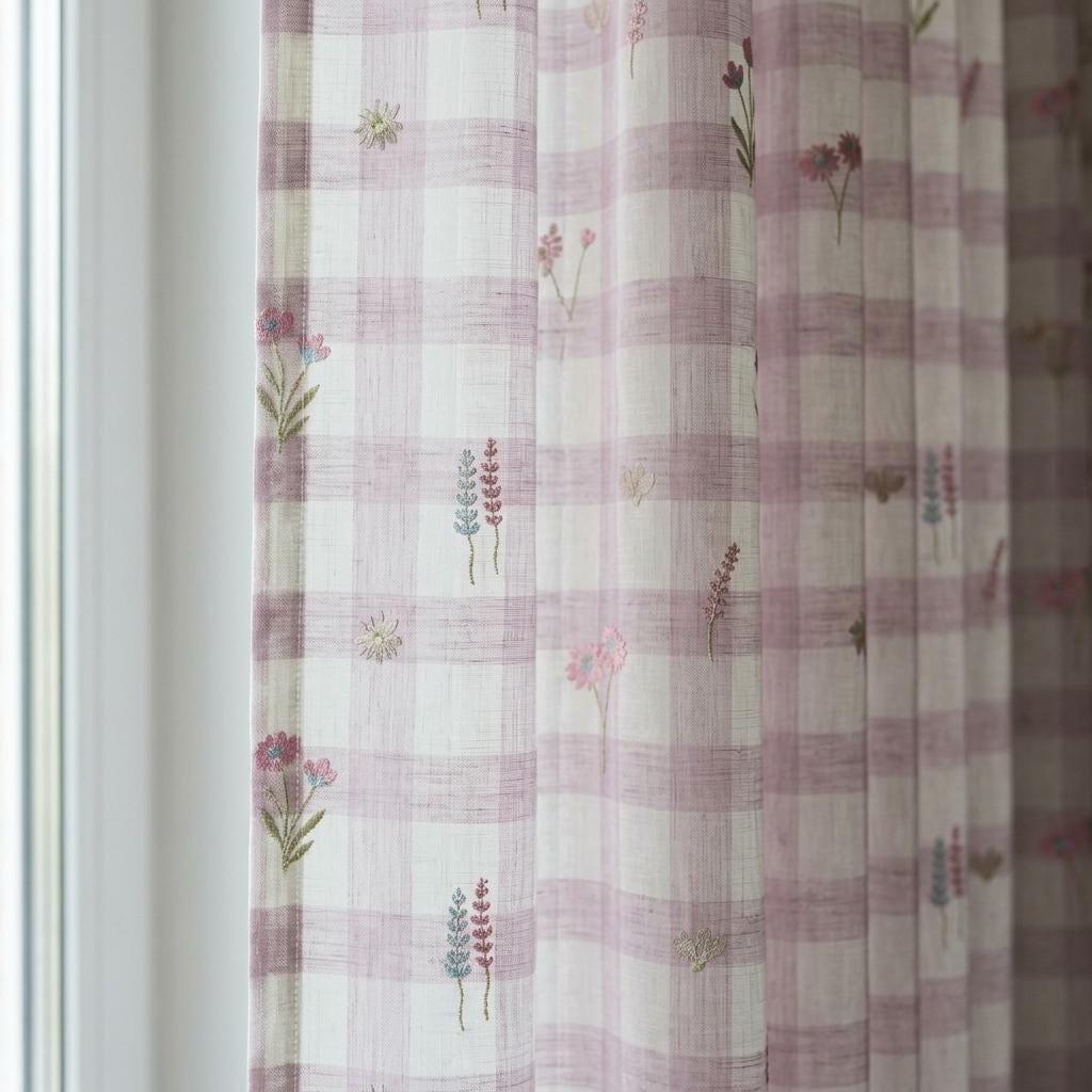 White Blush Lilac Plaid Pure Linen Sheer Curtains, Embroidered Wildflower Drapes, Custom Light Filtering Panels — image 2