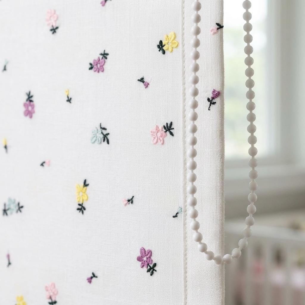 Soft White Linen Roman Shade, Pink Purple Embroidered Wildflower Nursery Blind, Custom Blackout or Light Filtering — image 5