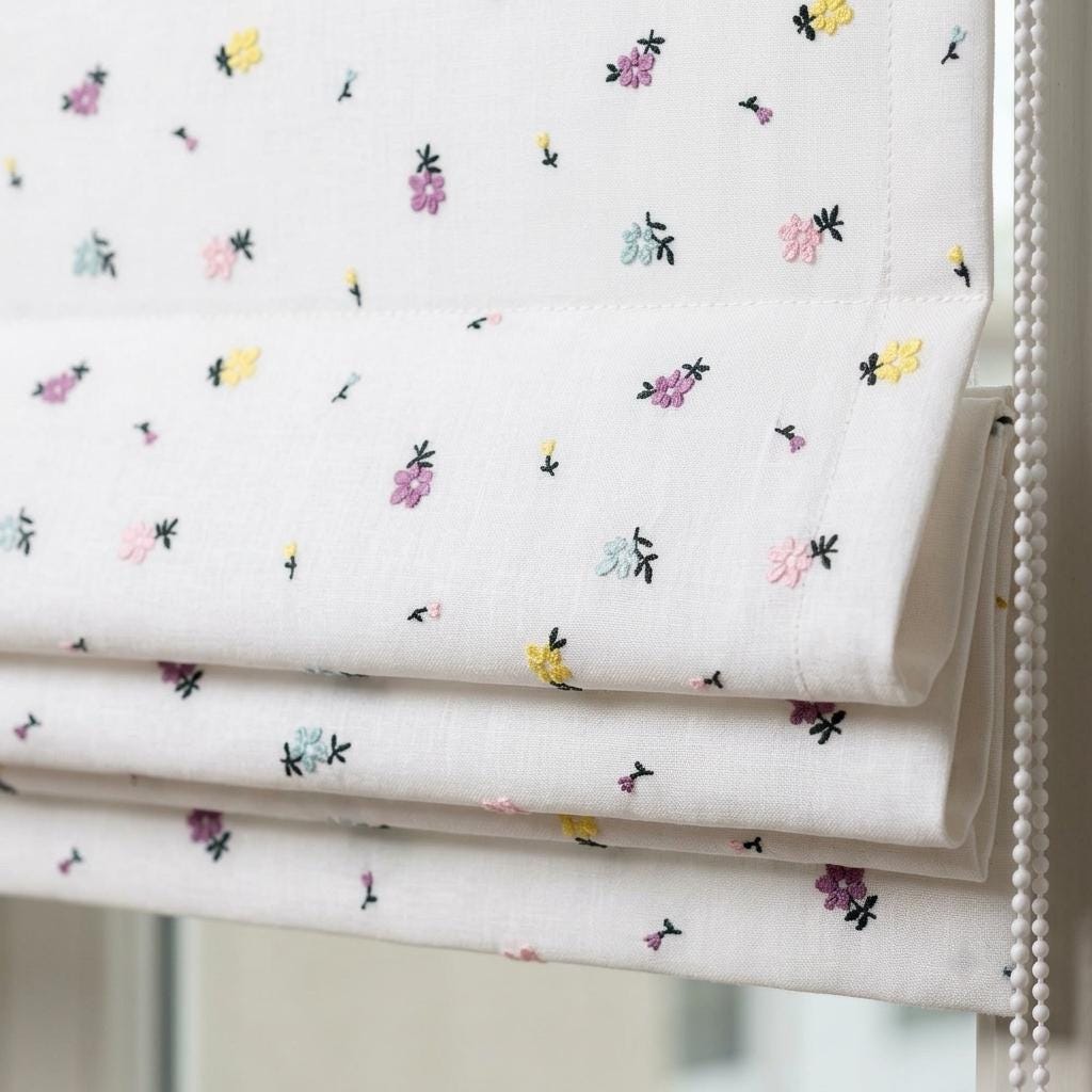 Soft White Linen Roman Shade, Pink Purple Embroidered Wildflower Nursery Blind, Custom Blackout or Light Filtering — image 1