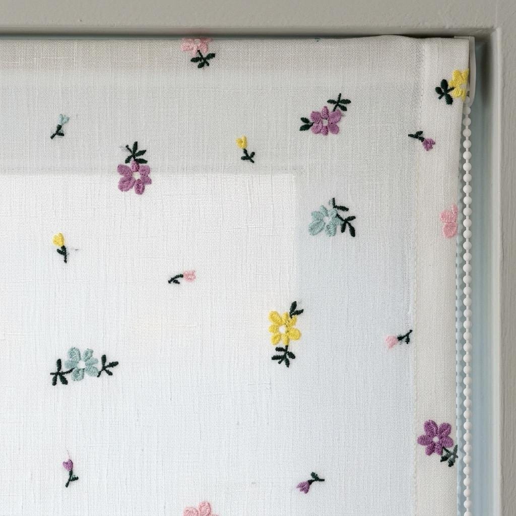 Soft White Linen Roman Shade, Pink Purple Embroidered Wildflower Nursery Blind, Custom Blackout or Light Filtering — image 9