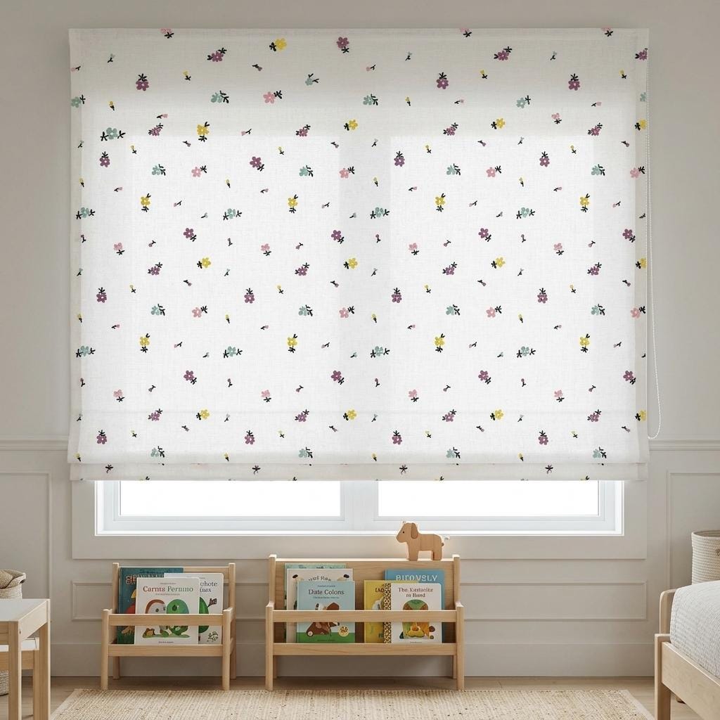 Soft White Linen Roman Shade, Pink Purple Embroidered Wildflower Nursery Blind, Custom Blackout or Light Filtering — image 10