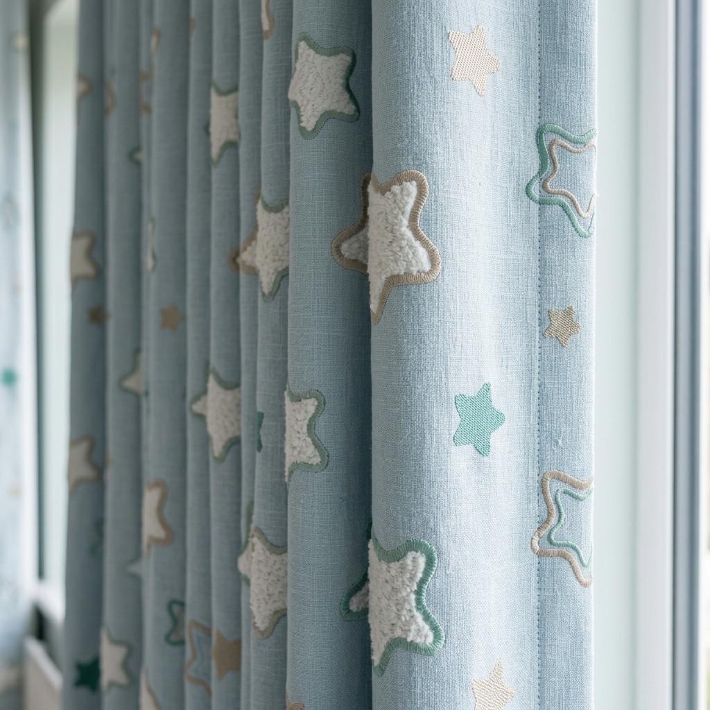 Embroidered Linen Nursery Curtains, Baby Blue Textured Star Kids Room Drapes, Custom Blackout Window Panels — image 1