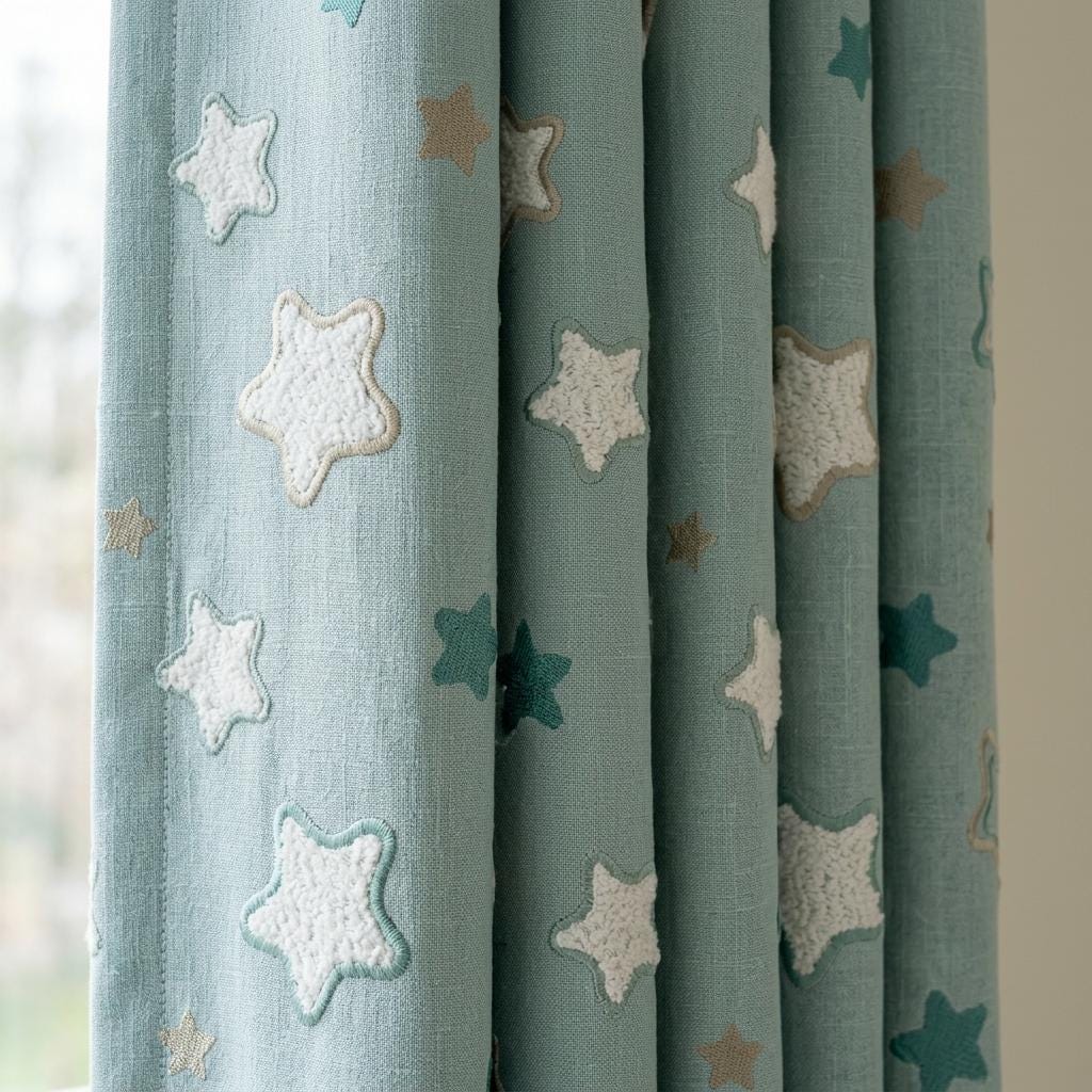 Embroidered Linen Nursery Curtains, Baby Blue Textured Star Kids Room Drapes, Custom Blackout Window Panels — image 1