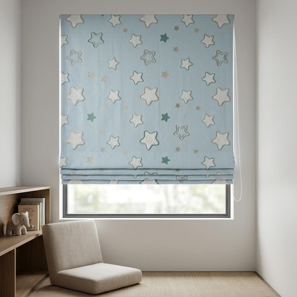 Pale Blue Linen Roman Shade, Green White Embroidered Star Nursery Blind, Custom Blackout or Light Filtering — image 3