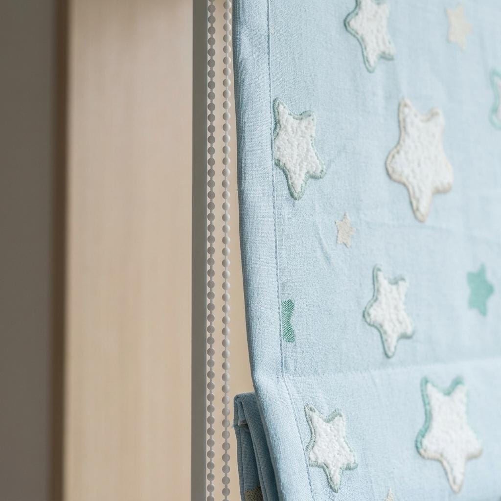 Pale Blue Linen Roman Shade, Green White Embroidered Star Nursery Blind, Custom Blackout or Light Filtering — image 5