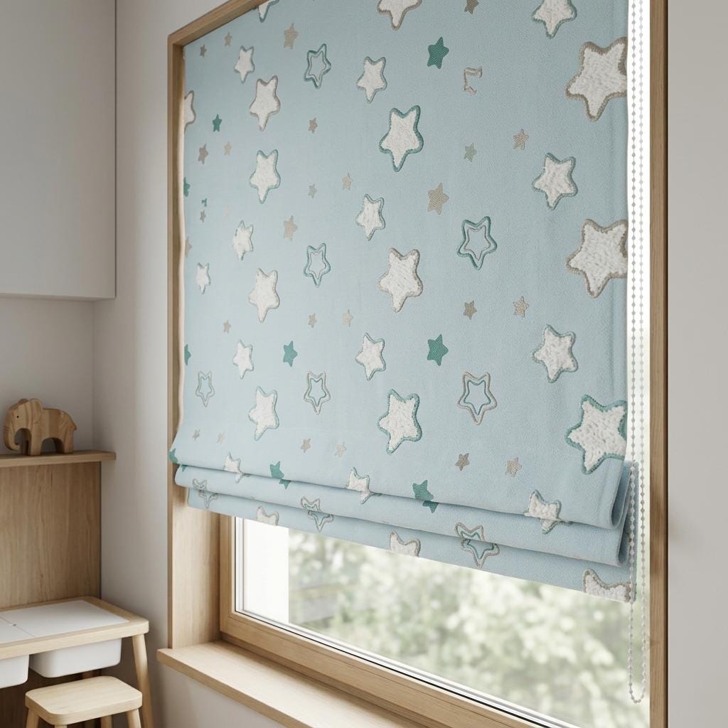 Pale Blue Linen Roman Shade, Green White Embroidered Star Nursery Blind, Custom Blackout or Light Filtering — image 7