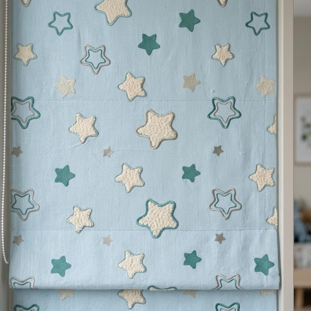 Pale Blue Linen Roman Shade, Green White Embroidered Star Nursery Blind, Custom Blackout or Light Filtering — image 6
