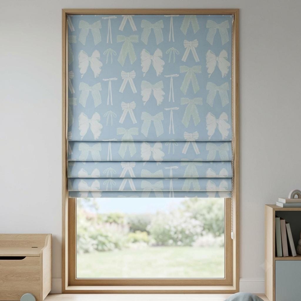 Powder Blue Velvet Roman Shade, White Mint Bow Nursery Blind, Coquette Custom Blackout or Light Filtering — image 5