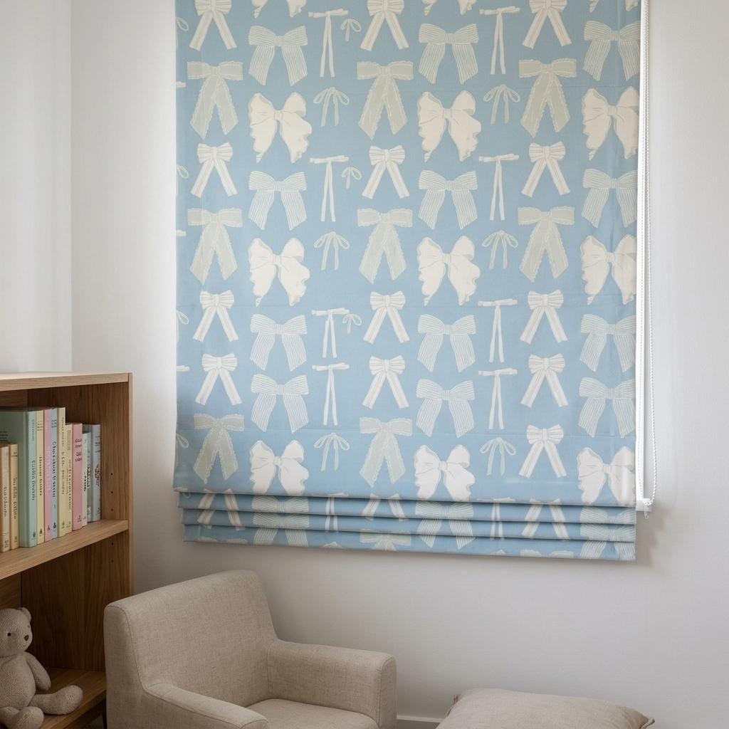 Powder Blue Velvet Roman Shade, White Mint Bow Nursery Blind, Coquette Custom Blackout or Light Filtering — image 8