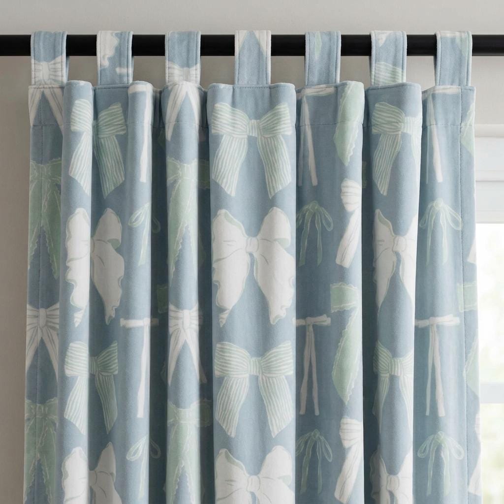 Bow Velvet Nursery Curtains, Powder Blue Coquette Ribbon Kids Room Drapes, Custom Blackout Window Panels — image 5
