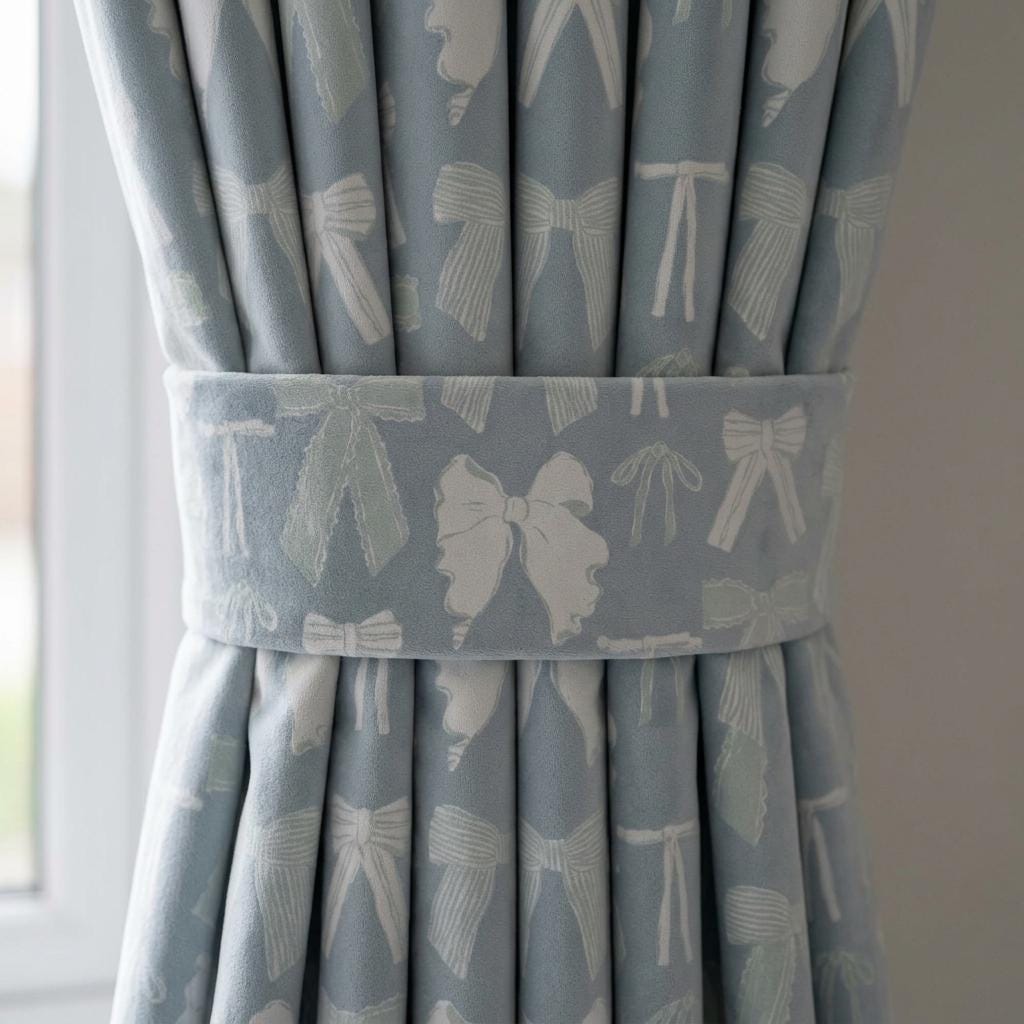 Bow Velvet Nursery Curtains, Powder Blue Coquette Ribbon Kids Room Drapes, Custom Blackout Window Panels — image 2