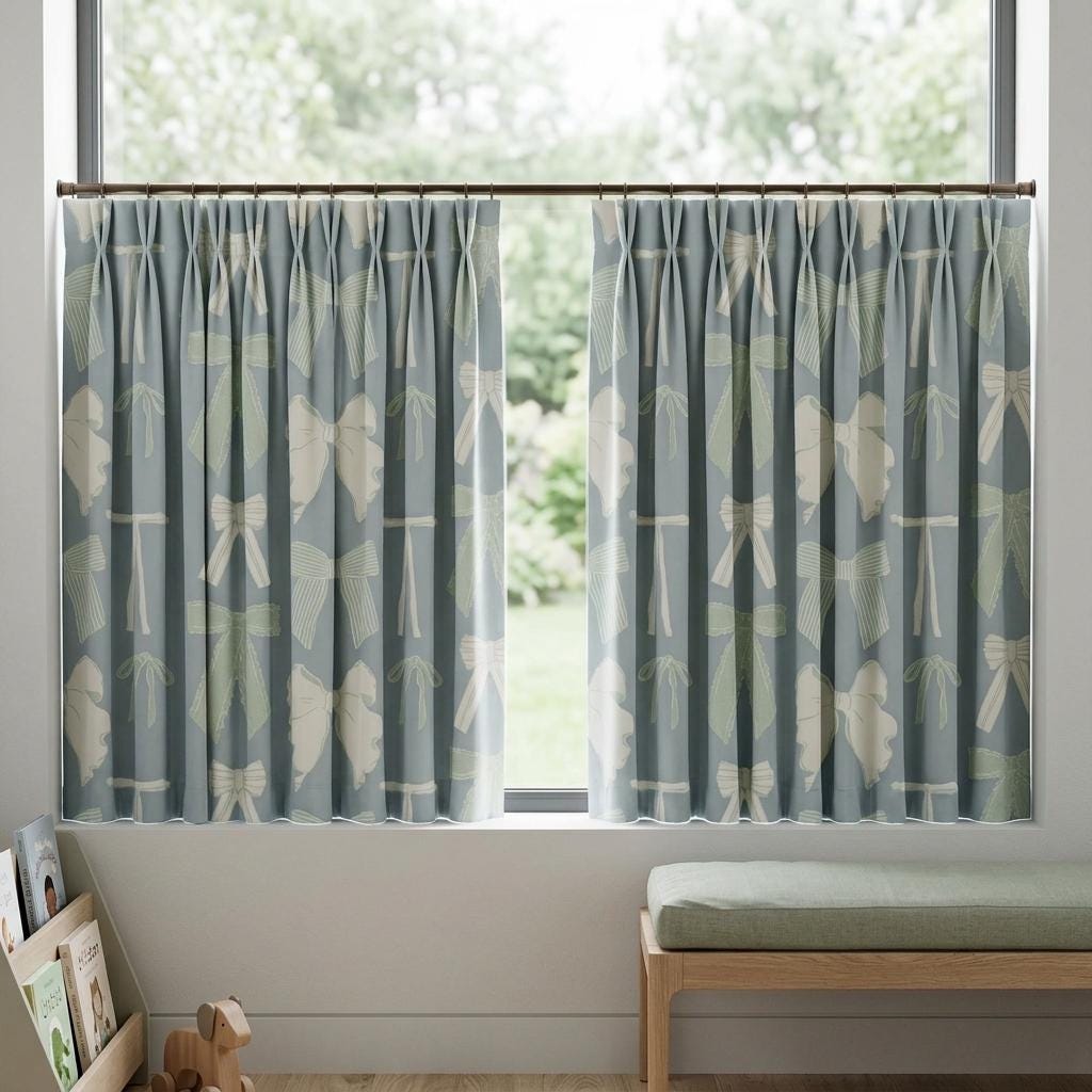 Bow Velvet Nursery Curtains, Powder Blue Coquette Ribbon Kids Room Drapes, Custom Blackout Window Panels — image 7