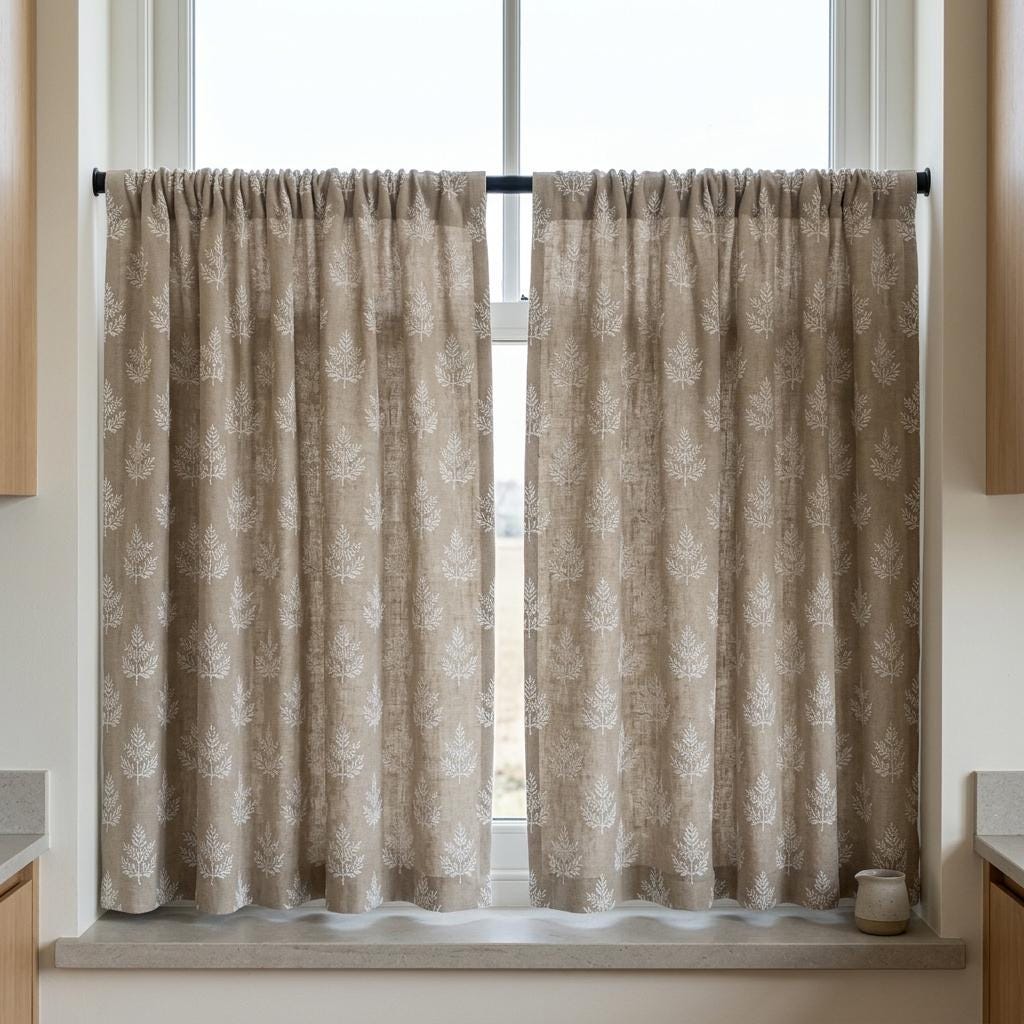 Oatmeal Beige Linen Curtains with White Leaf Embroidery, Botanical Drapes, Custom Size, Optional Blackout Lining — image 9