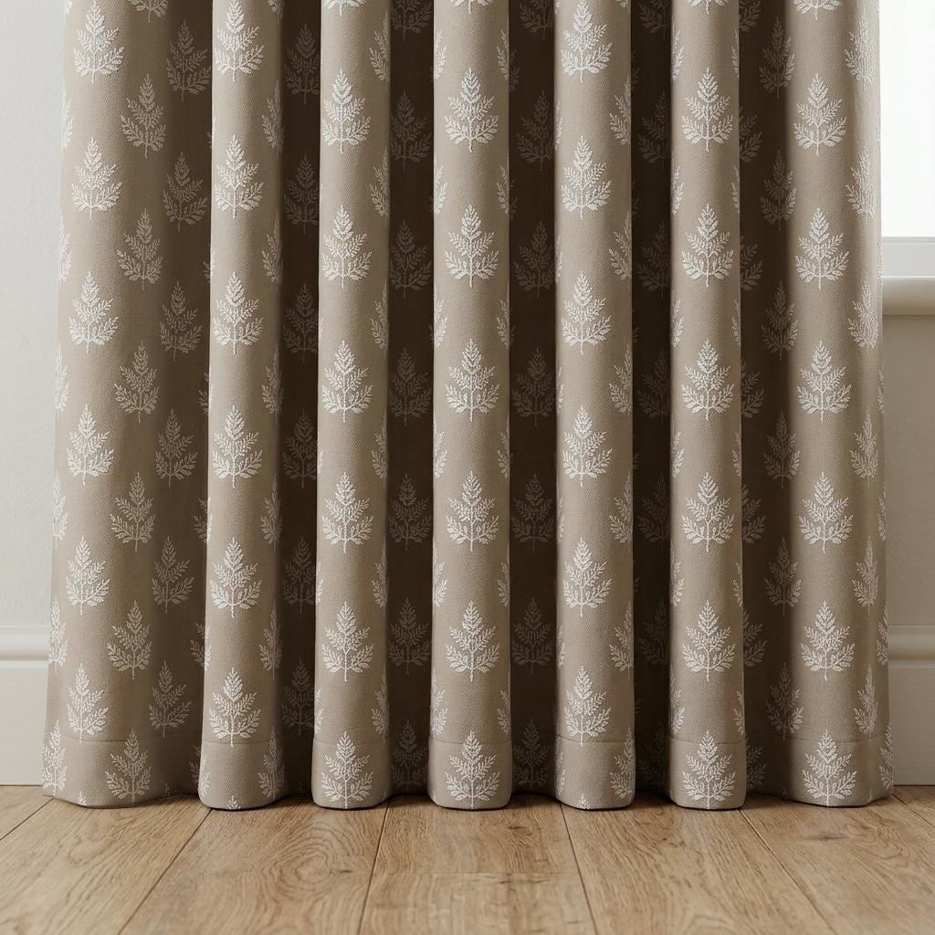 Oatmeal Beige Linen Curtains with White Leaf Embroidery, Botanical Drapes, Custom Size, Optional Blackout Lining — image 3