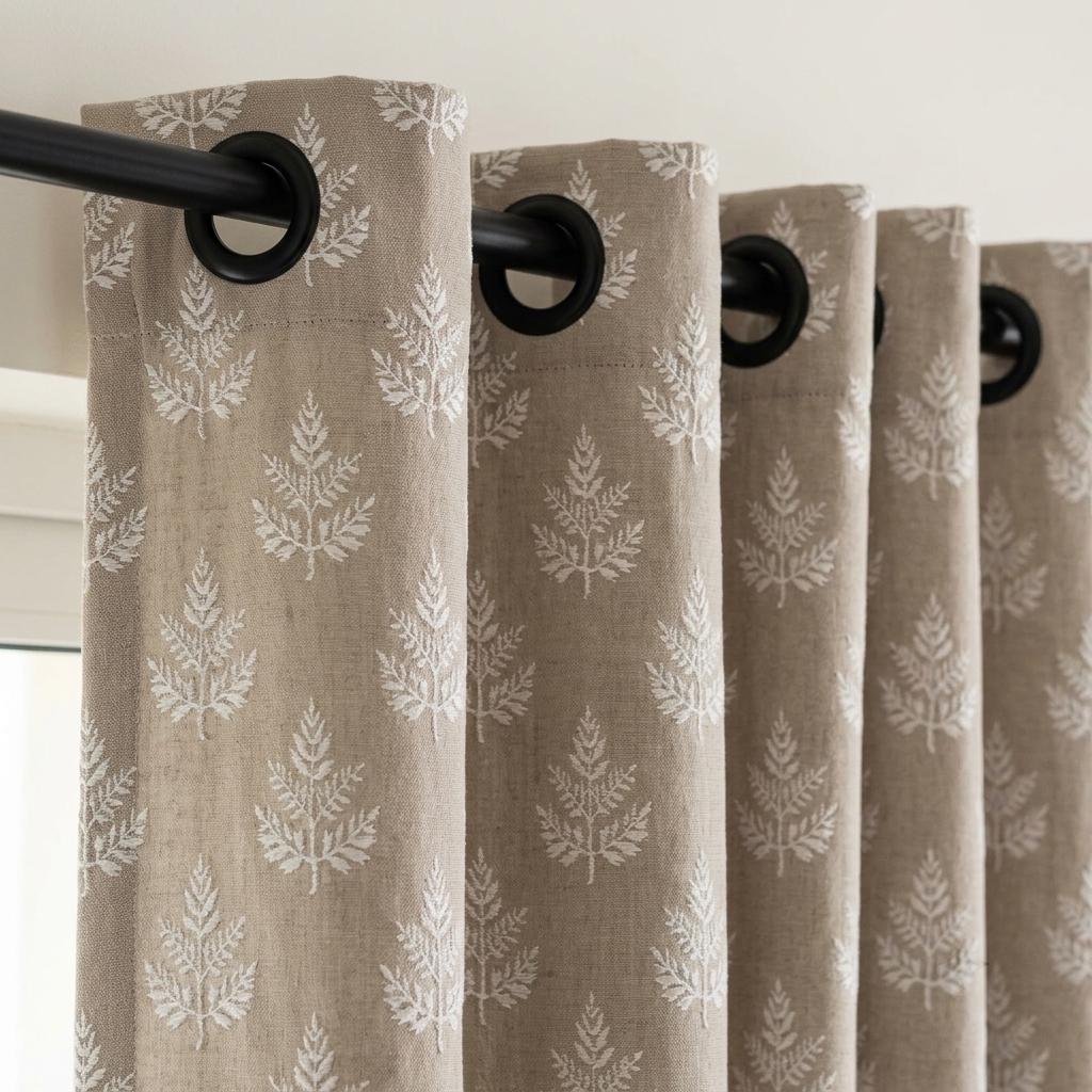 Oatmeal Beige Linen Curtains with White Leaf Embroidery, Botanical Drapes, Custom Size, Optional Blackout Lining — image 5