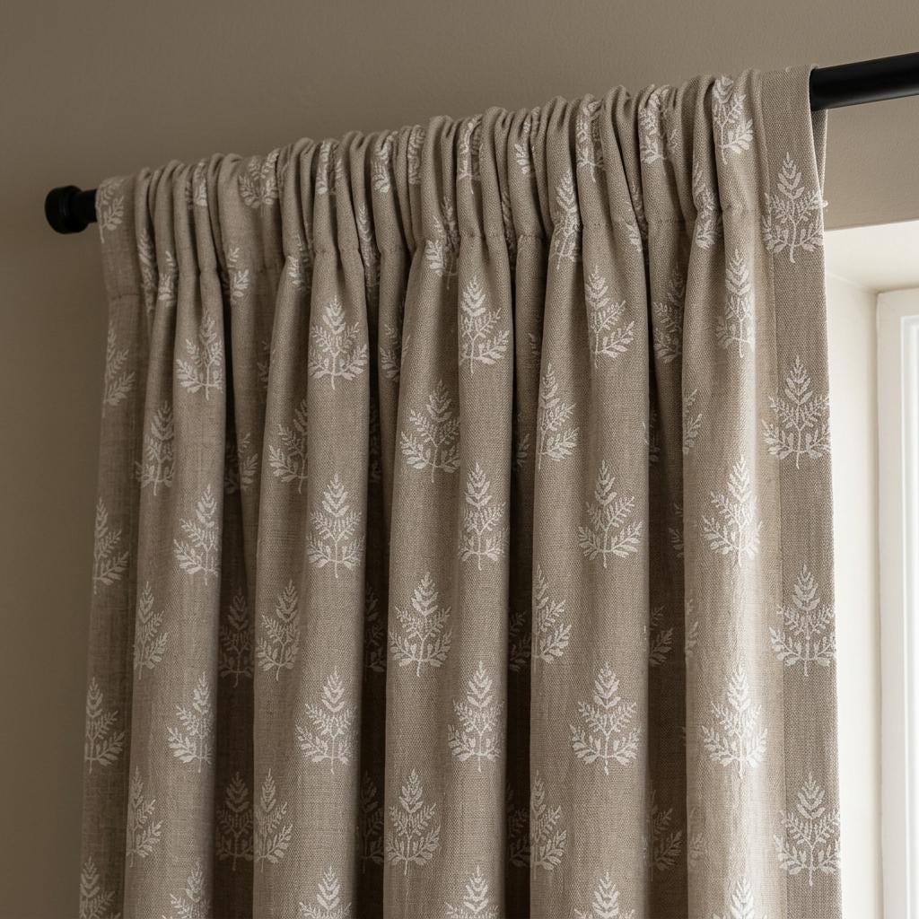 Oatmeal Beige Linen Curtains with White Leaf Embroidery, Botanical Drapes, Custom Size, Optional Blackout Lining — image 1