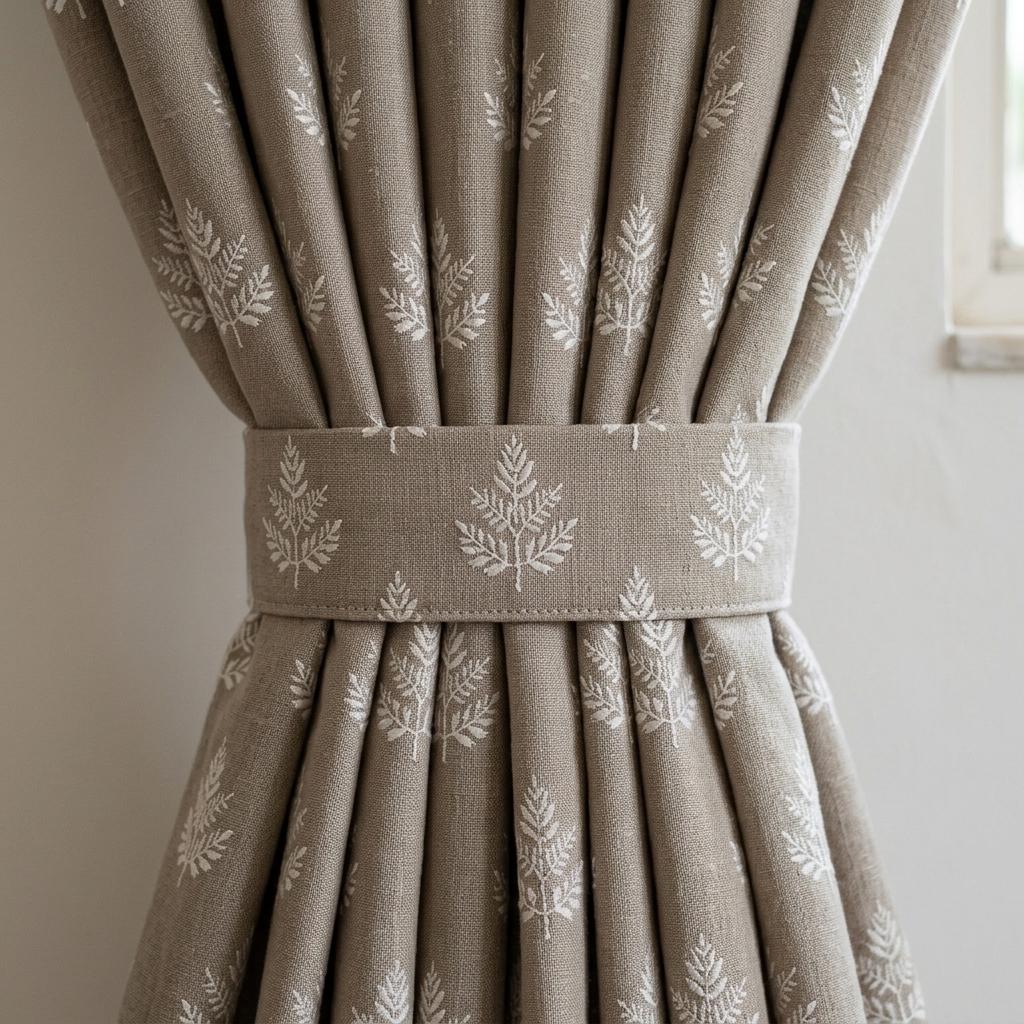 Oatmeal Beige Linen Curtains with White Leaf Embroidery, Botanical Drapes, Custom Size, Optional Blackout Lining — image 8