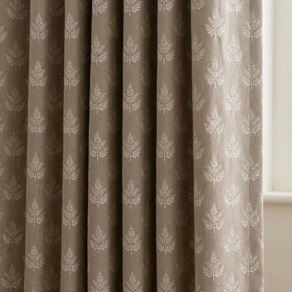 Oatmeal Beige Linen Curtains with White Leaf Embroidery, Botanical Drapes, Custom Size, Optional Blackout Lining — image 1