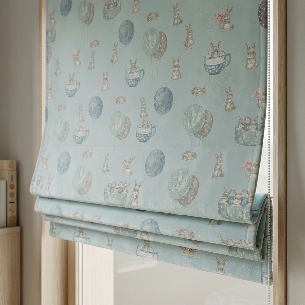 Powder Blue Velvet Roman Shade, Bunny Rabbit Nursery Blind, Balloon Kids Window Shade, Blackout or Light Filtering — image 6