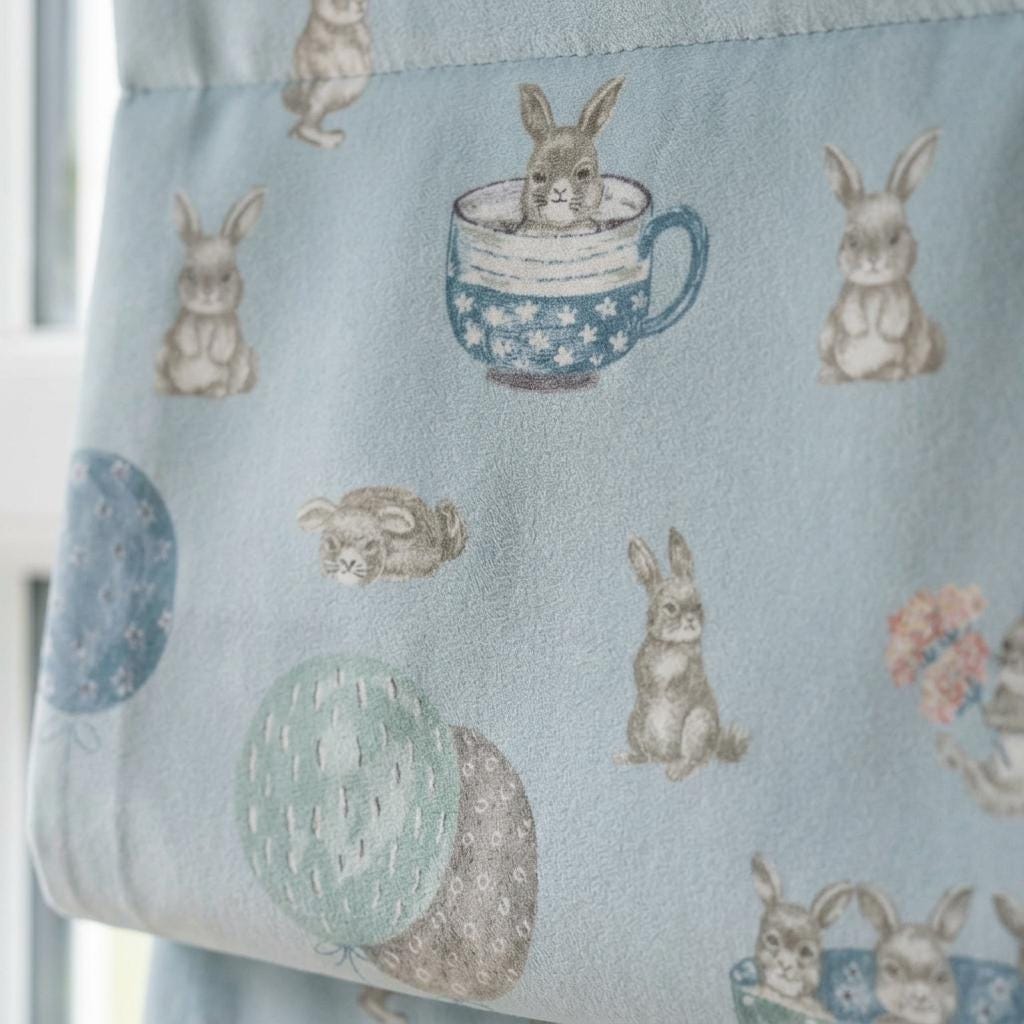 Powder Blue Velvet Roman Shade, Bunny Rabbit Nursery Blind, Balloon Kids Window Shade, Blackout or Light Filtering — image 1