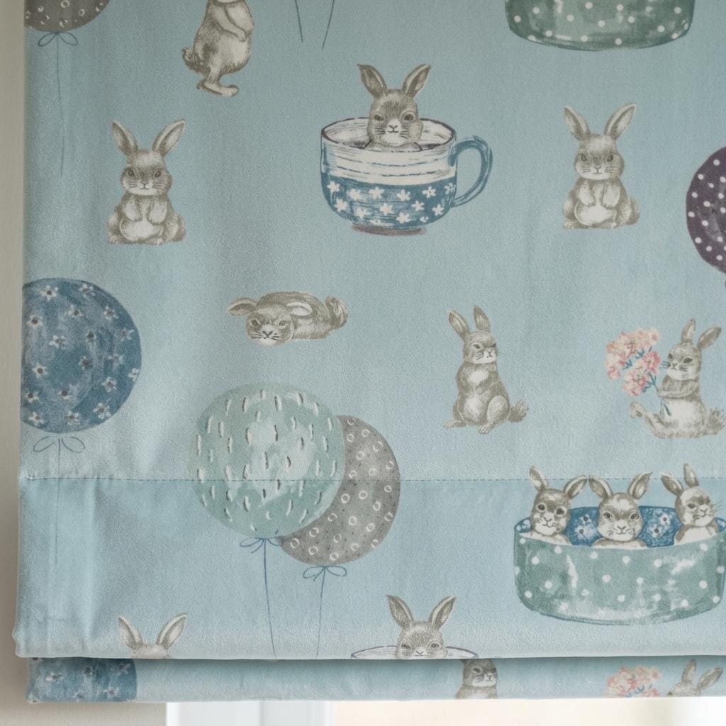 Powder Blue Velvet Roman Shade, Bunny Rabbit Nursery Blind, Balloon Kids Window Shade, Blackout or Light Filtering — image 3