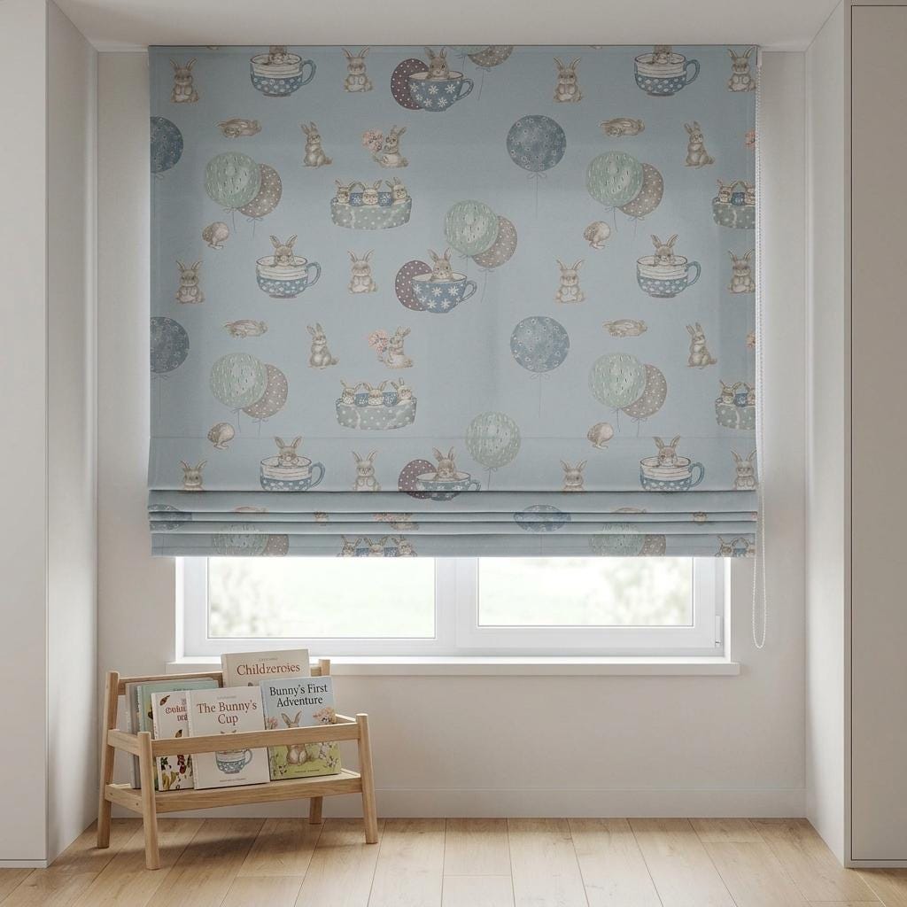 Powder Blue Velvet Roman Shade, Bunny Rabbit Nursery Blind, Balloon Kids Window Shade, Blackout or Light Filtering — image 7