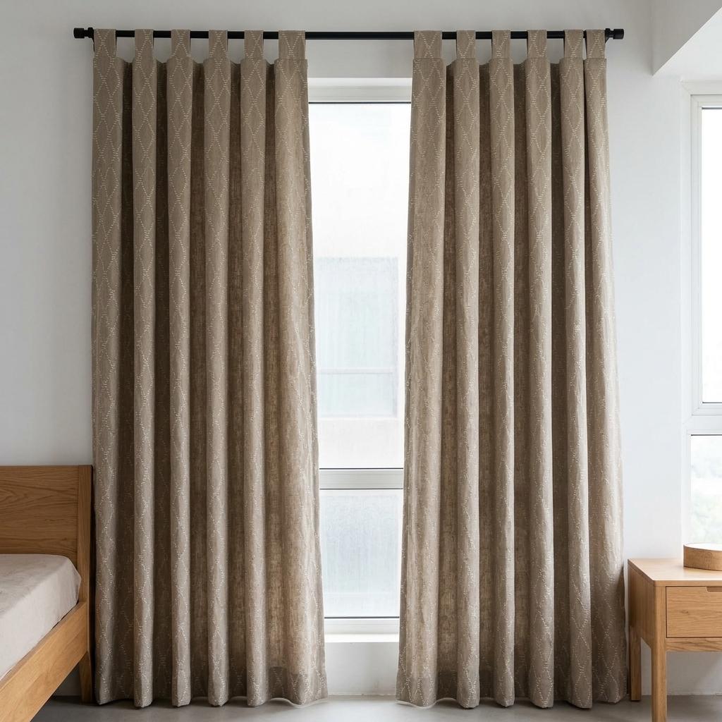 Oatmeal Beige Linen Curtains with White Diamond Embroidery, Geometric Boho Drapes, Custom Size, Optional Blackout Lining — image 5