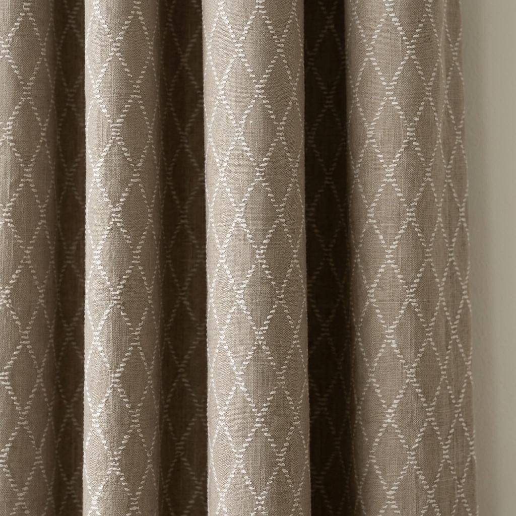 Oatmeal Beige Linen Curtains with White Diamond Embroidery, Geometric Boho Drapes, Custom Size, Optional Blackout Lining — image 7