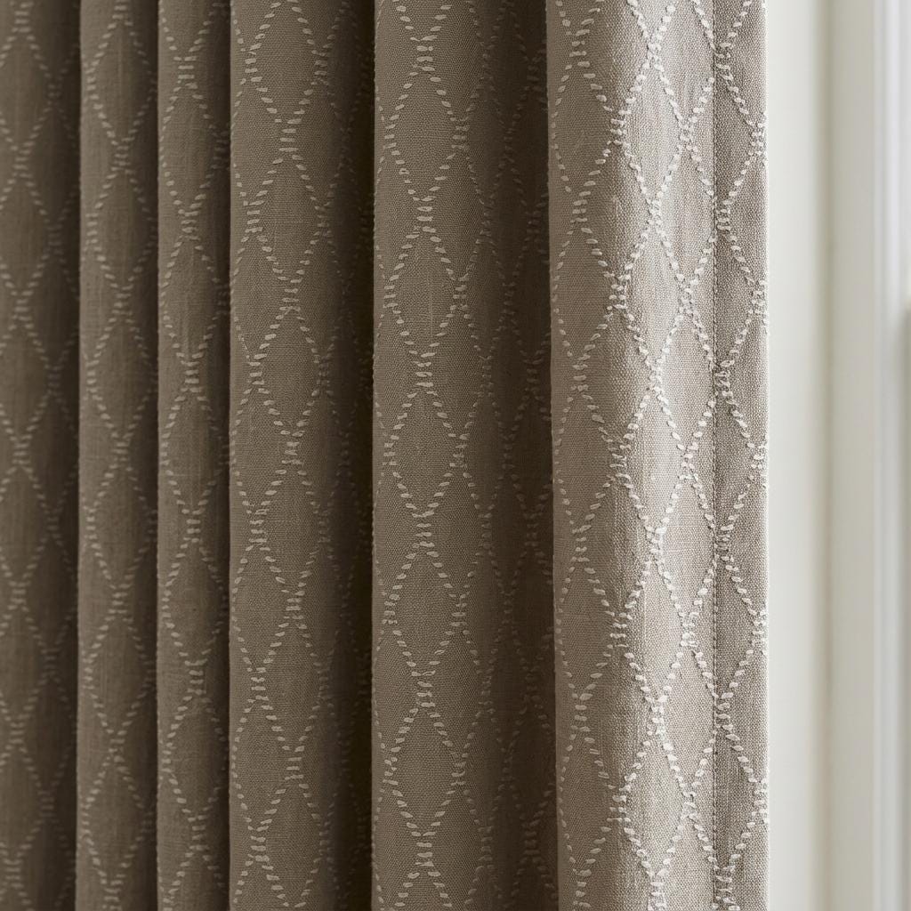 Oatmeal Beige Linen Curtains with White Diamond Embroidery, Geometric Boho Drapes, Custom Size, Optional Blackout Lining — image 1