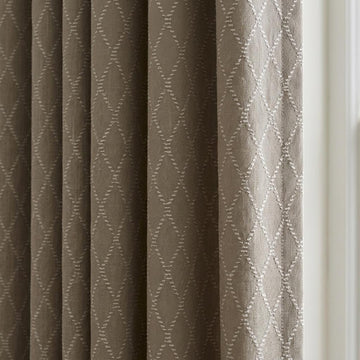 Oatmeal Beige Linen Curtains with White Diamond Embroidery, Geometric Boho Drapes, Custom Size, Optional Blackout Lining — image 1
