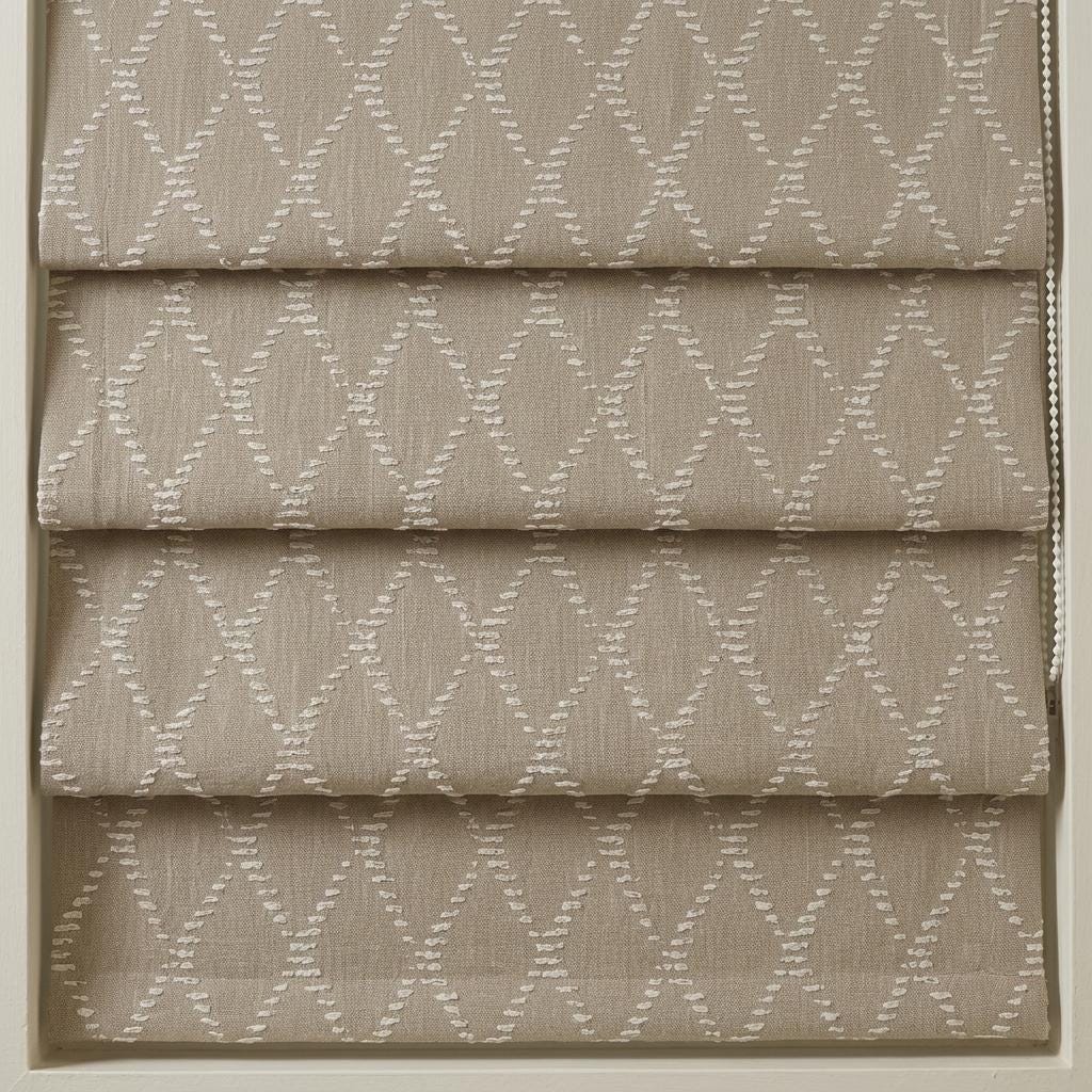 Natural Beige Linen Roman Shade, Ivory Diamond Trellis Embroidered Blind, Custom Corded Blackout Window Shade — image 6